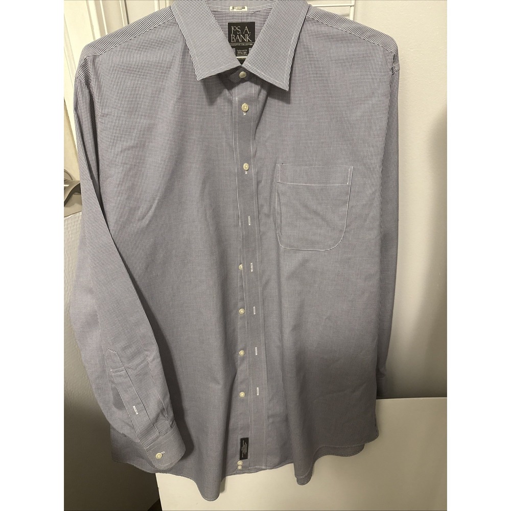 JosABanks Executive Collection navy/white cotton gingham dress shirt 17.5 35NWOT